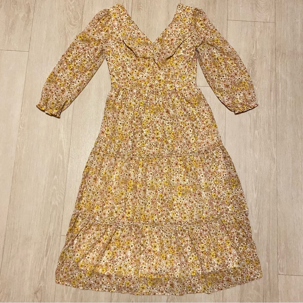 NWT Sincerely Jules Floral Dress Brown Yellow Cottagecore Fairy Floral v-neck